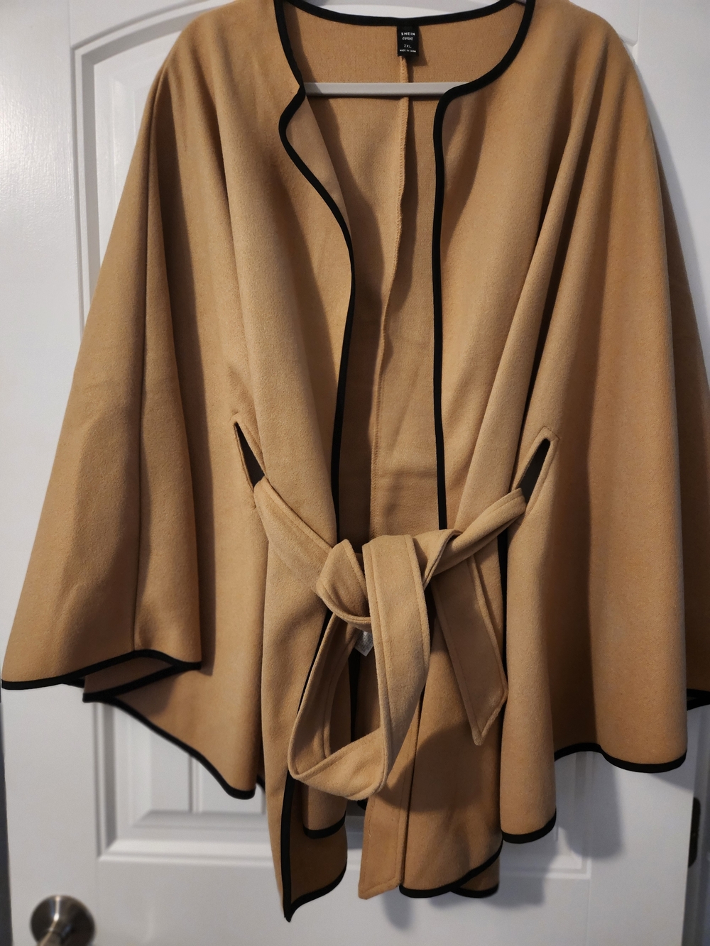 Zara Camel Cape Sweater with Black Trim and Belt
